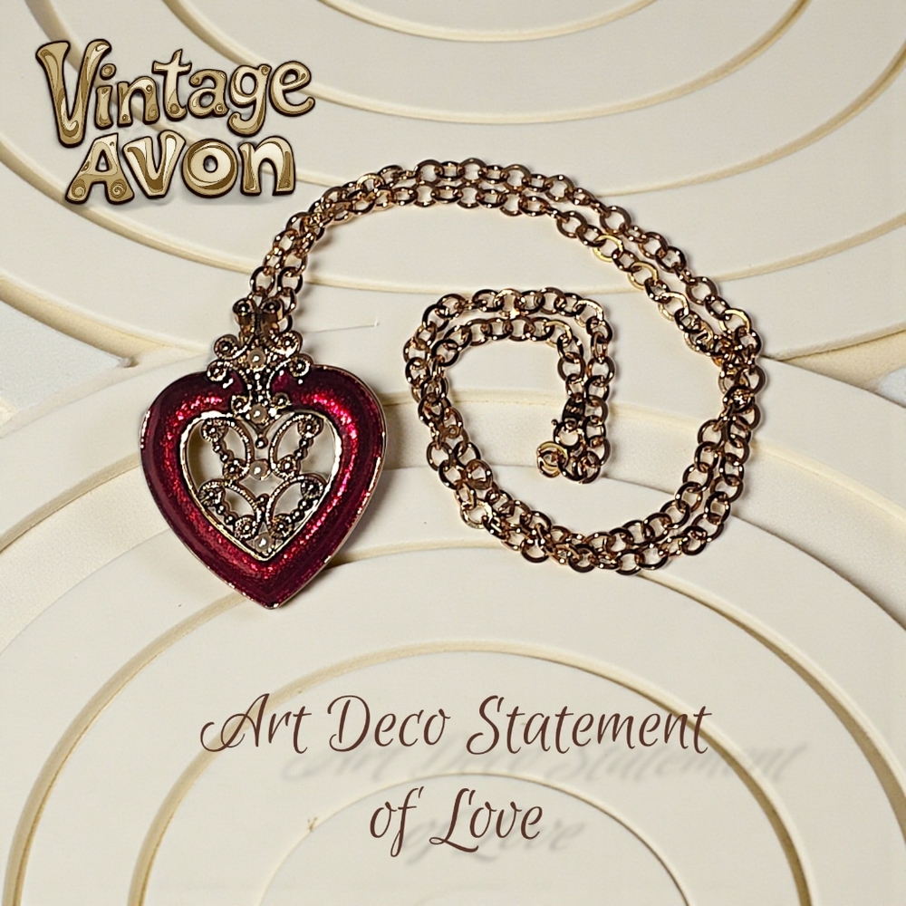Avon 1995 Red Art Deco Heart Necklace w/ Filigree & Pearls 30”